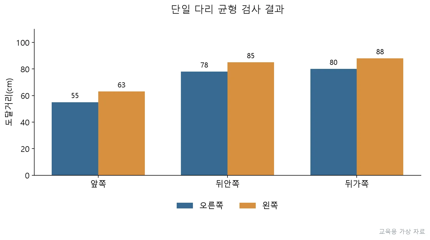 실기시험 · PT2P-R3-Q061;한발서기 시간은 좌우 비슷(28 vs 29초), YBT 도달 거리는 오른쪽이 왼쪽보다 짧음(각 55/63, 78/85, 80/88 cm) (교육용 도판)