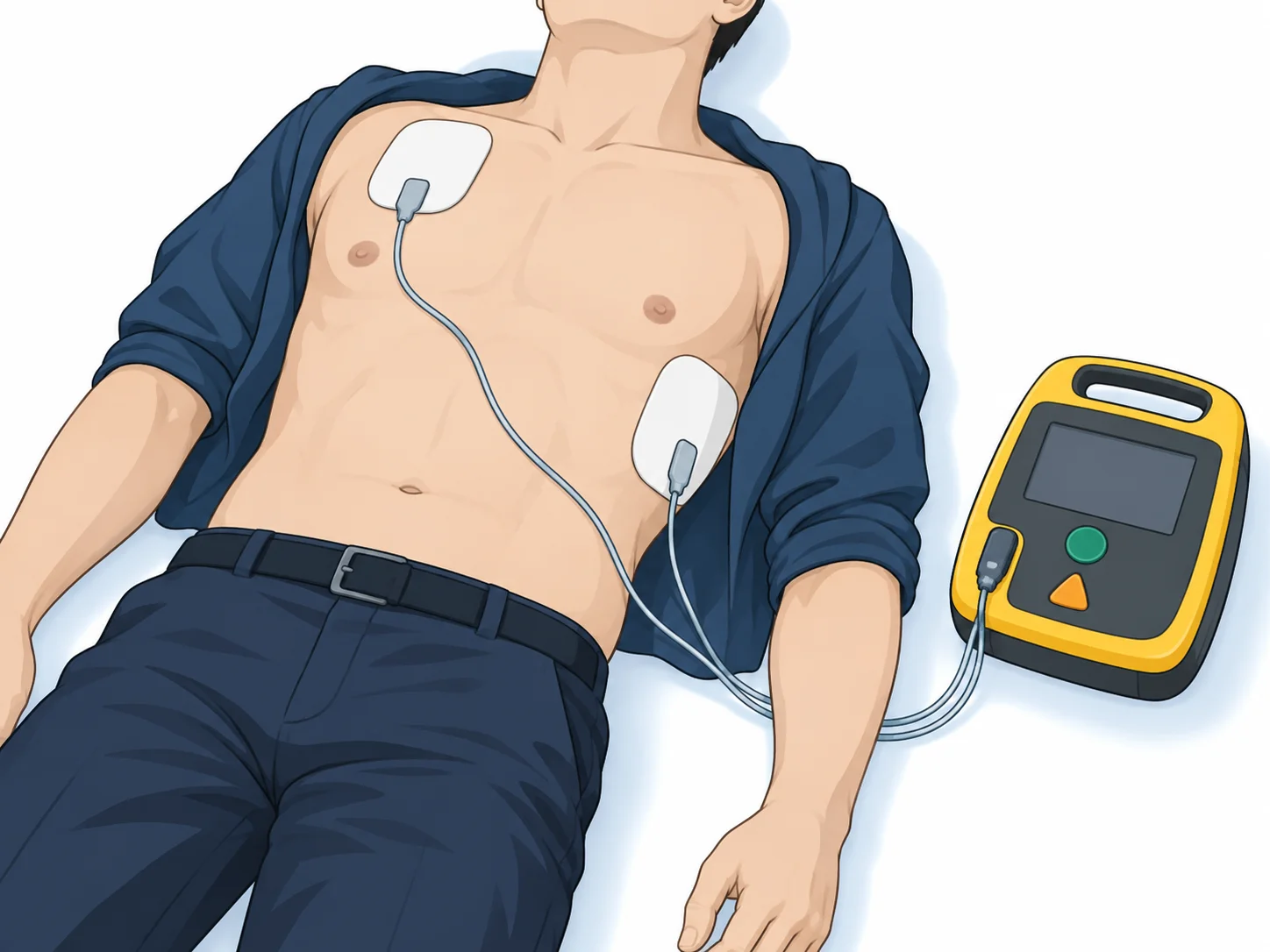 심정지 · AED 패드 전외측 부착 (장비일러스트)