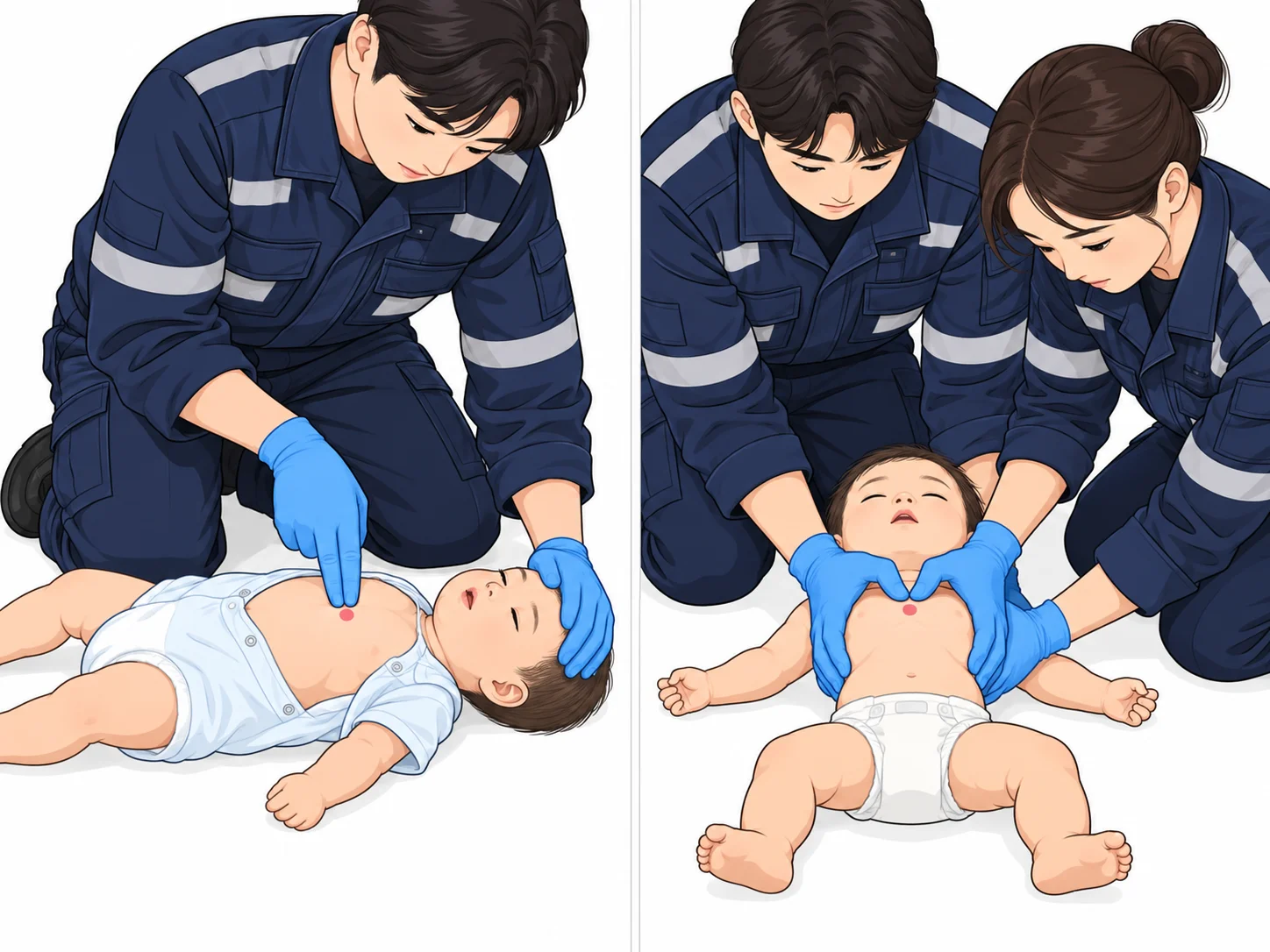 영‧소아 심폐소생술 · 영아 심폐소생술 가슴압박 위치와 방법 (AI일러스트)