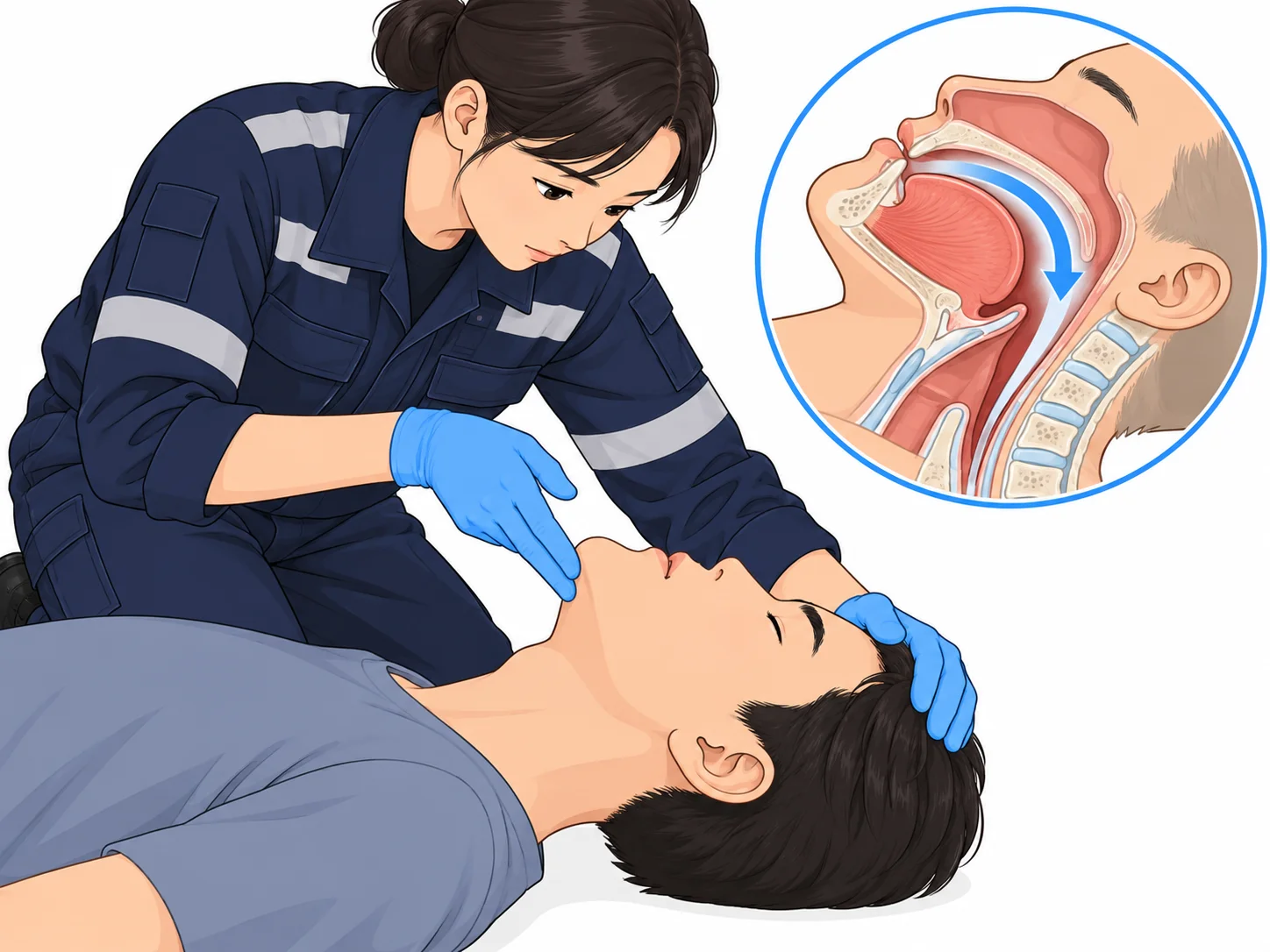 기도유지 · 머리 젖히고 턱 들어올리기 기도 개방 (AI일러스트)