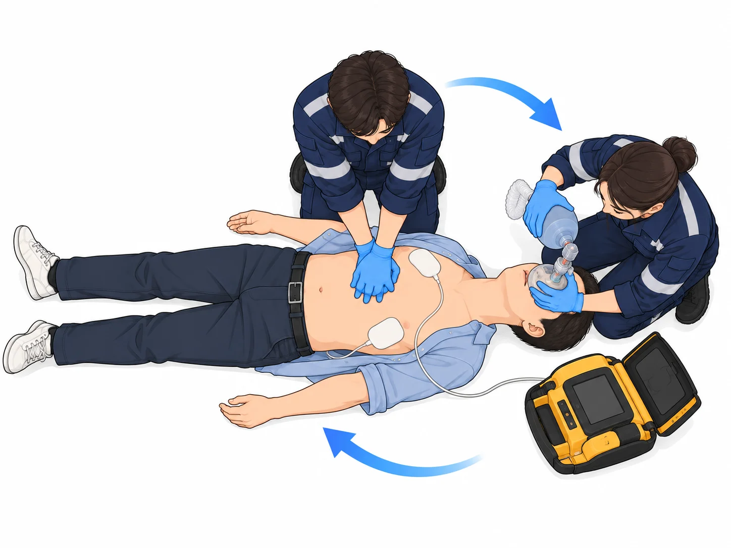성인심폐소생술 · 2인 구조자 심폐소생술과 역할 교대 (AI일러스트)