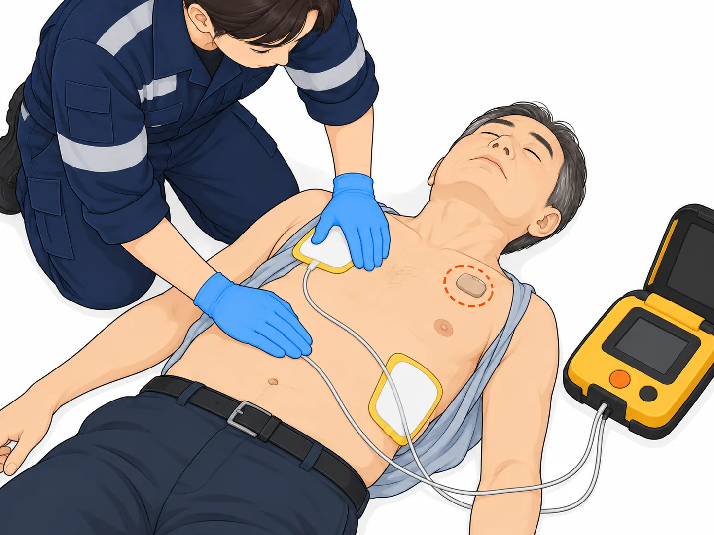 제세동 · 이식형 심박동기 환자의 AED 패드 위치 (AI일러스트)