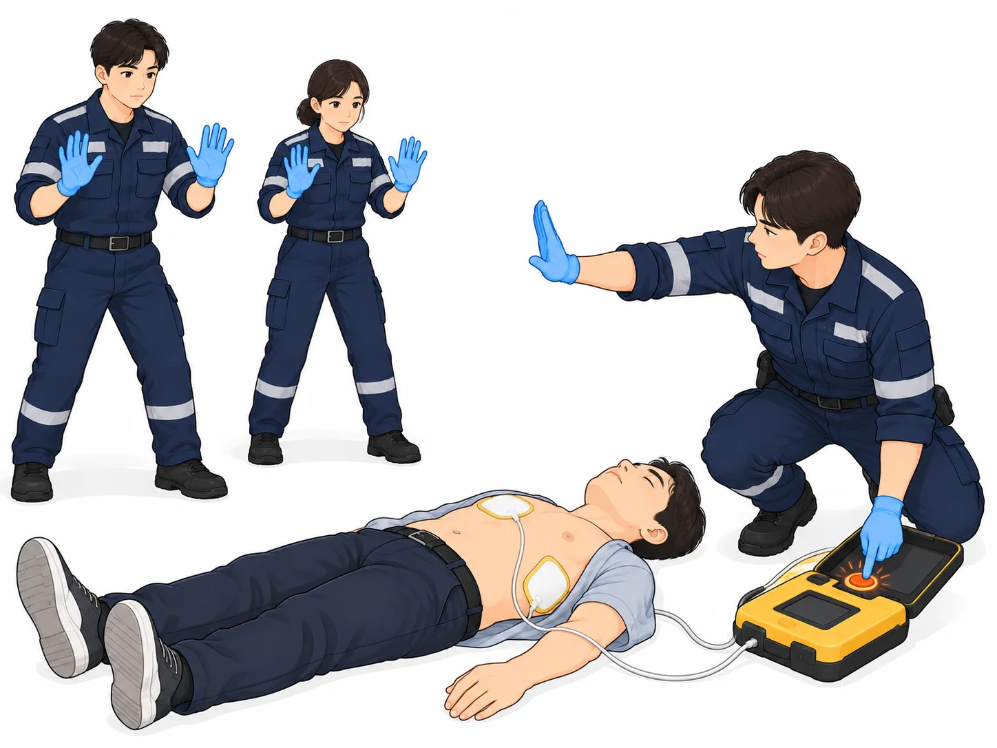 제세동 · 제세동 전 안전 확인(모두 환자에게서 떨어지기) (AI일러스트)
