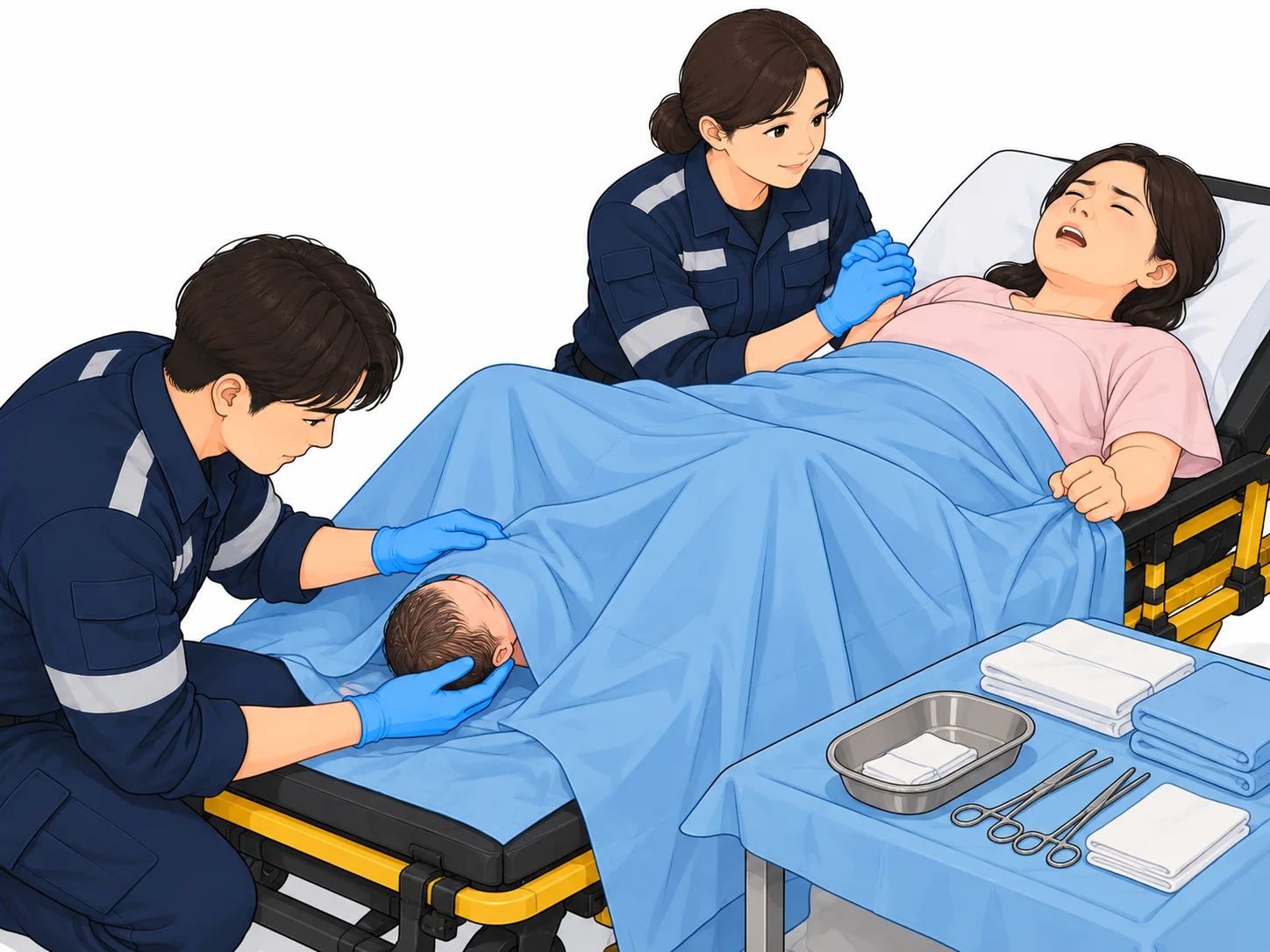 응급분만 · 응급분만 시 아기 머리 지지 (AI일러스트)