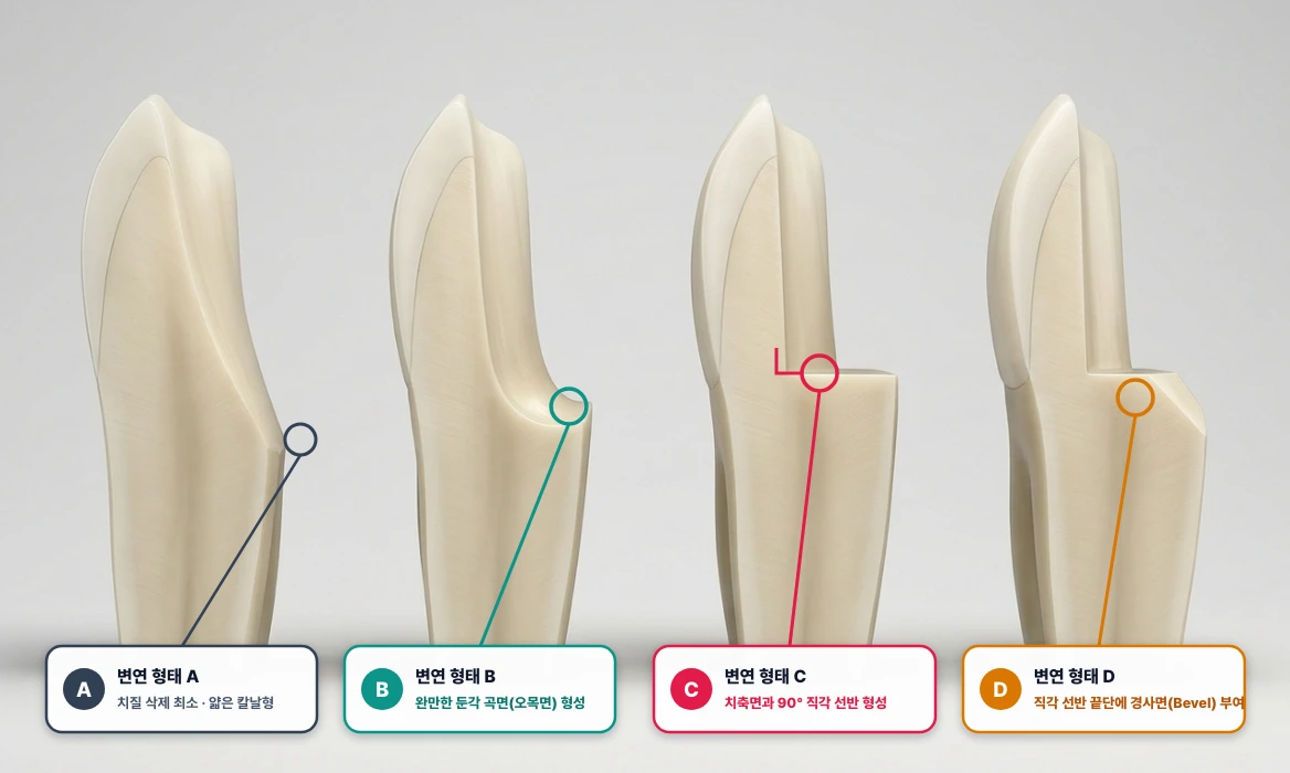 고정성 보철 지대치 치경부 변연(Margin) 4종 단면도