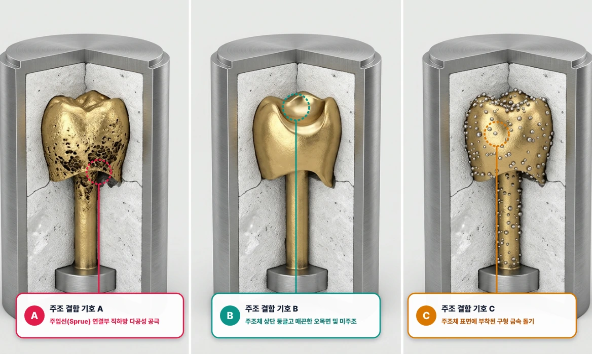 치과 주조링(Casting Ring) 단면에서의 주조체 결함 3종 비교