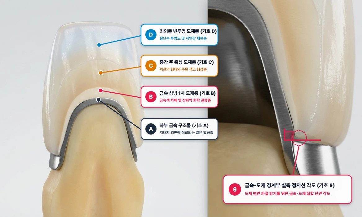 금속-도재 보철물(PFM) 다층 축성 단면 및 금속-도재 경계부 90° 직각(Butt joint) 설계