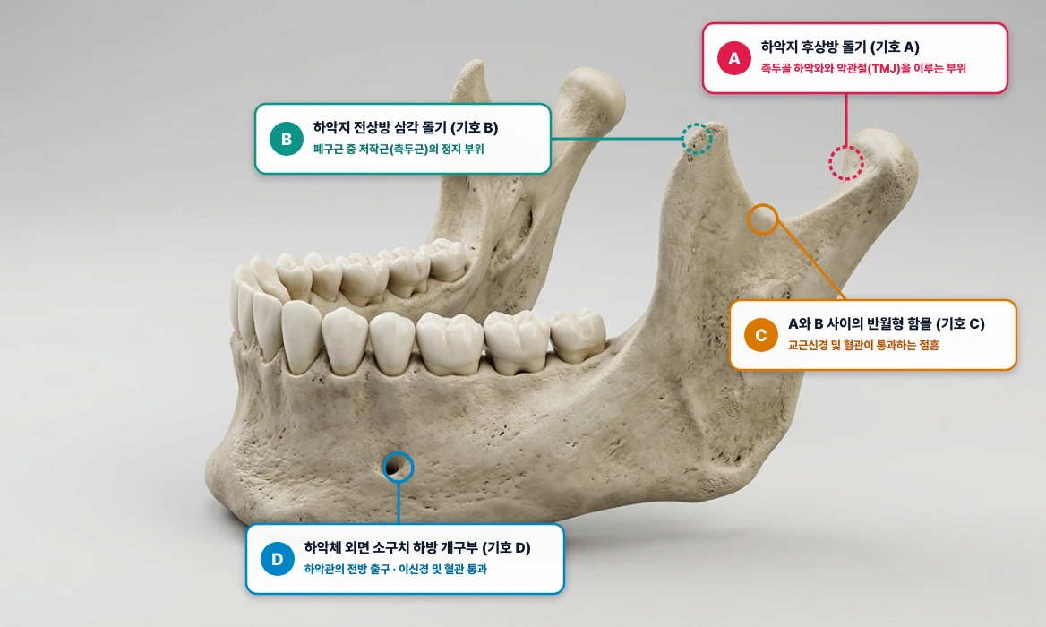 하악골(Mandible)의 외면·하악지 주요 해부학적 구조 판독 (A ~ D)