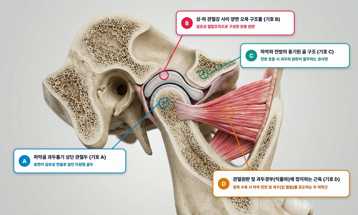 측두하악관절(TMJ) 시상단면 해부 구조 및 부착 근육 판독 (A ~ D)