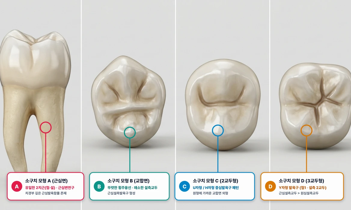 상·하악 소구치류(Premolars) 근심면 2치근·근심변연구 및 교합면(횡주융선·U/H/Y형) 비교