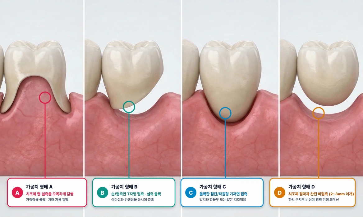 고정성 가공의치(Bridge)의 가공치(Pontic) 치조제 접촉 형태 4종 판독 (A ~ D)