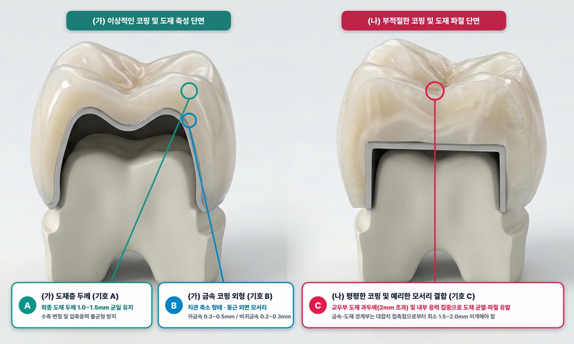 금속-도재관(PFM) 금속 하부 구조물(Coping) 설계 비교: (가) 정상 설계 vs (나) 불량 설계