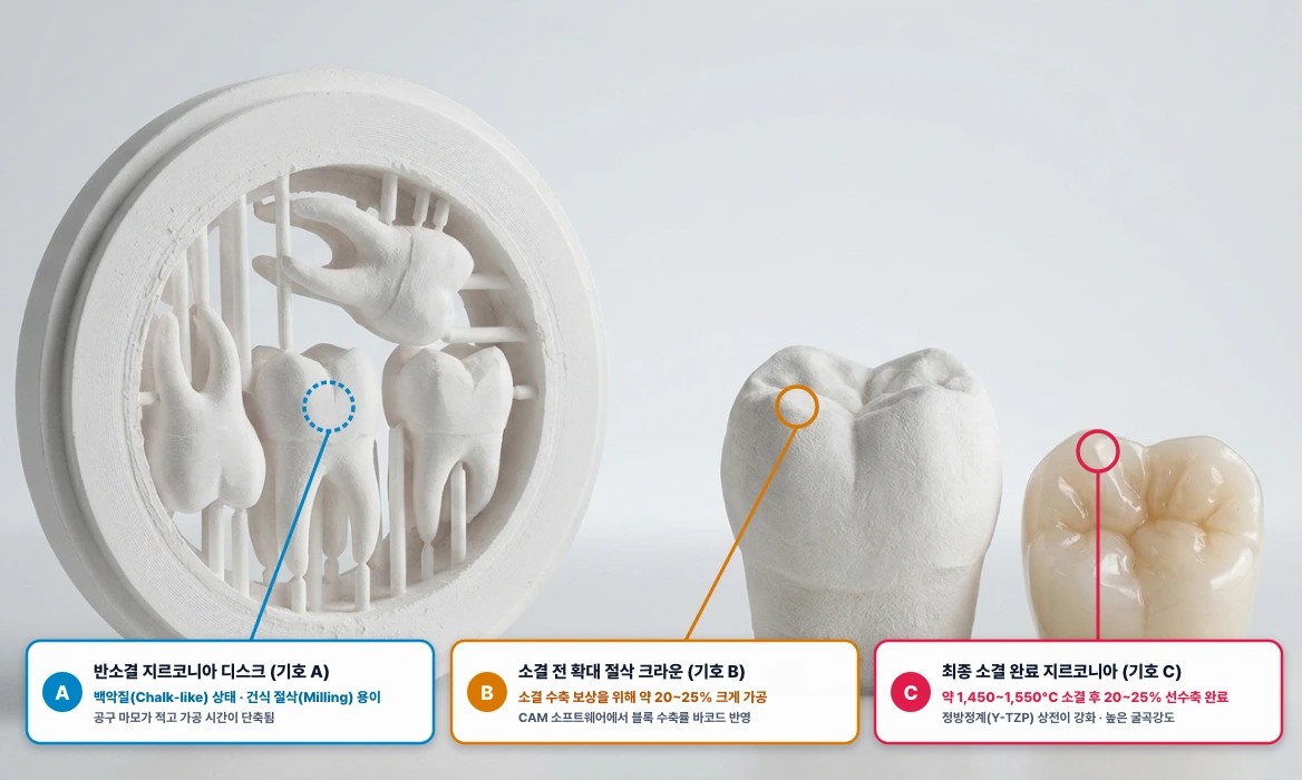 치과 CAD/CAM 반소결 지르코니아 밀링 가공 및 완전 소결 수축 비교 (A ~ C)