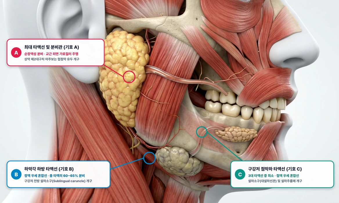 구강 영역 3대 대타액선(이하선·악하선·설하선) 및 분비 개구관(스텐센관·와튼관·바르톨린관) 해부도