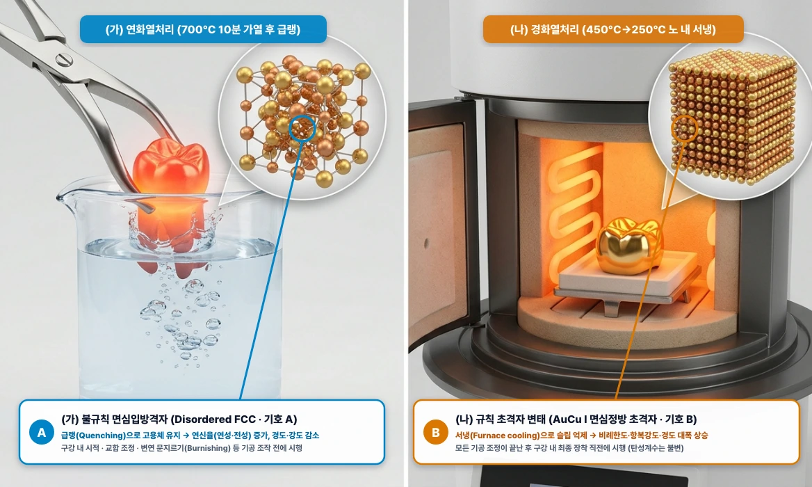 치과용 금 합금(Au-Cu)의 열처리 비교: (가) 연화열처리(급랭) vs (나) 경화열처리(서냉)