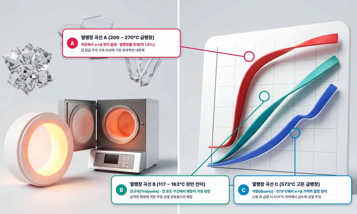치과 주조용 매몰재의 내화재 실리카(SiO2) 동소체 3종(A ~ C) 온도별 열팽창 곡선