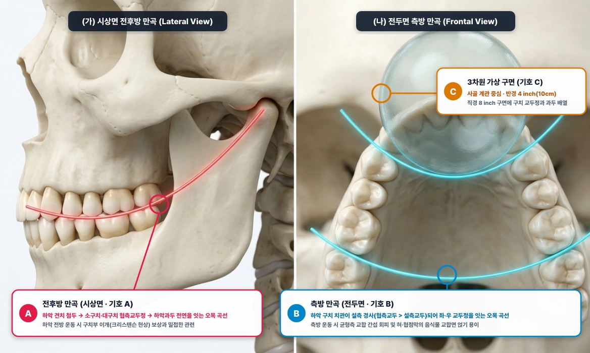 자연치열 및 보철 교합평면의 3대 보상만곡: 스피 만곡(Curve of Spee)·윌슨 만곡·몬슨 4인치 구면