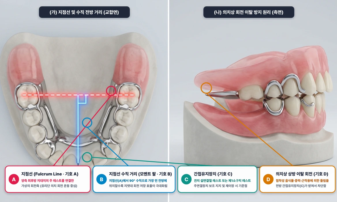 후방연장 국소의치(Kennedy Class I)의 지점선(Fulcrum Line, A)과 간접유지장치(Indirect Retainer, C) 생역학