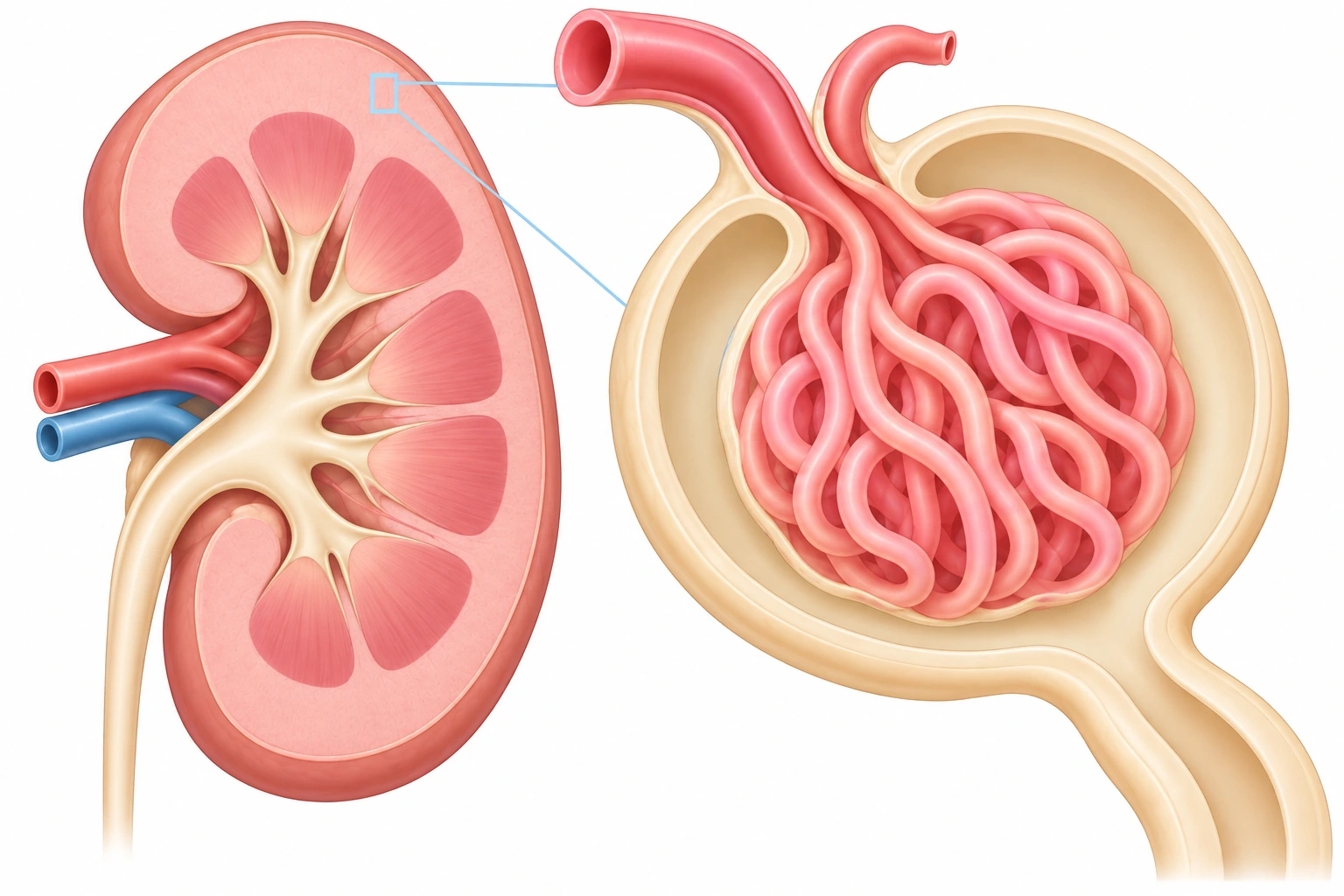 왼쪽 신장 단면 겉질의 작은 영역을 연결선으로 오른쪽 확대 신소체에 연결했다. 모세혈관 덩어리는 주머니 모양 보먼주머니 안에 있고 아래로 세뇨관이 이어진다.