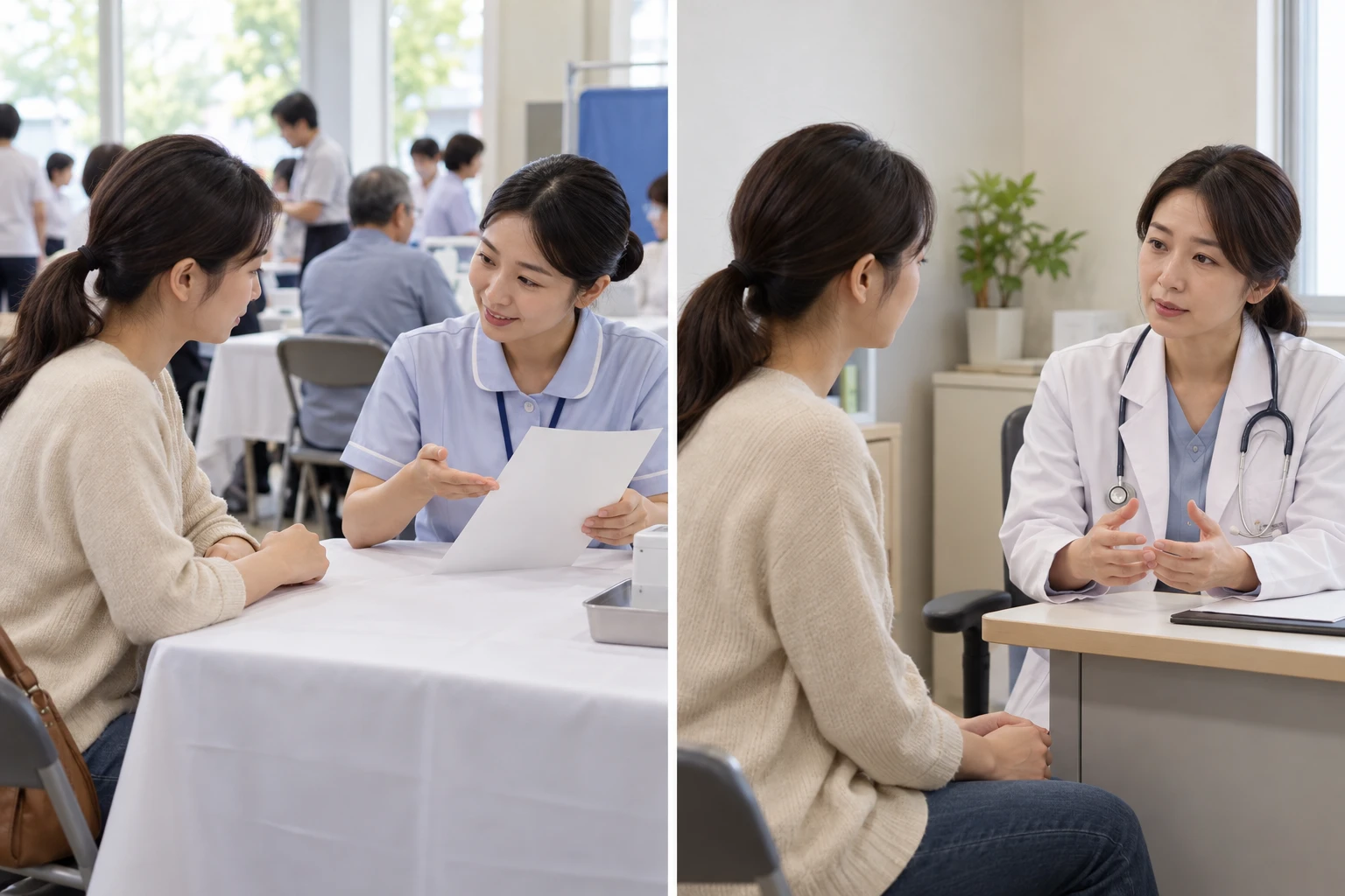 같은 대상자가 선별검사 설명을 듣고 별도 진료실에서 추가 평가를 받는 두 장면