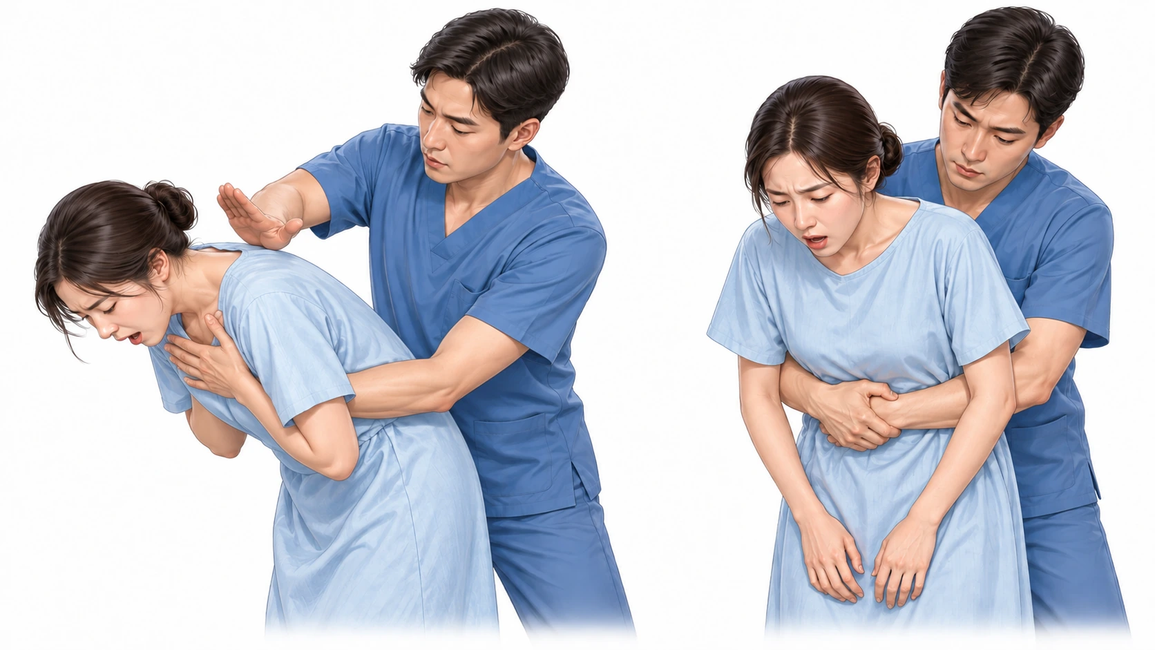 의식 있는 성인의 기도폐쇄 처치 — 왼쪽: 어깨뼈 사이 등 두드리기 · 오른쪽: 배꼽과 명치 사이 복부 밀어올리기