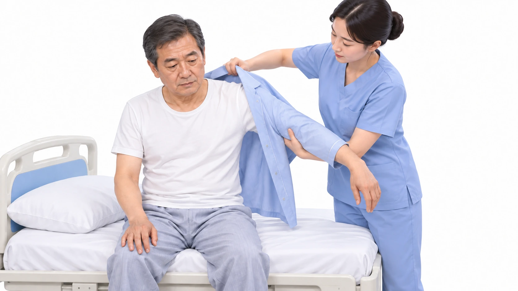 편마비 환자의 옷 입고 벗기 — 환측 소매를 올리고 등 뒤로