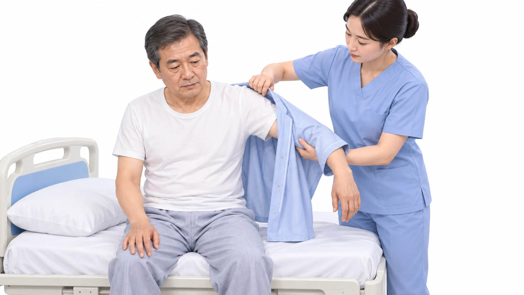 편마비 환자의 옷 입고 벗기 — 입기: 환측 팔 먼저