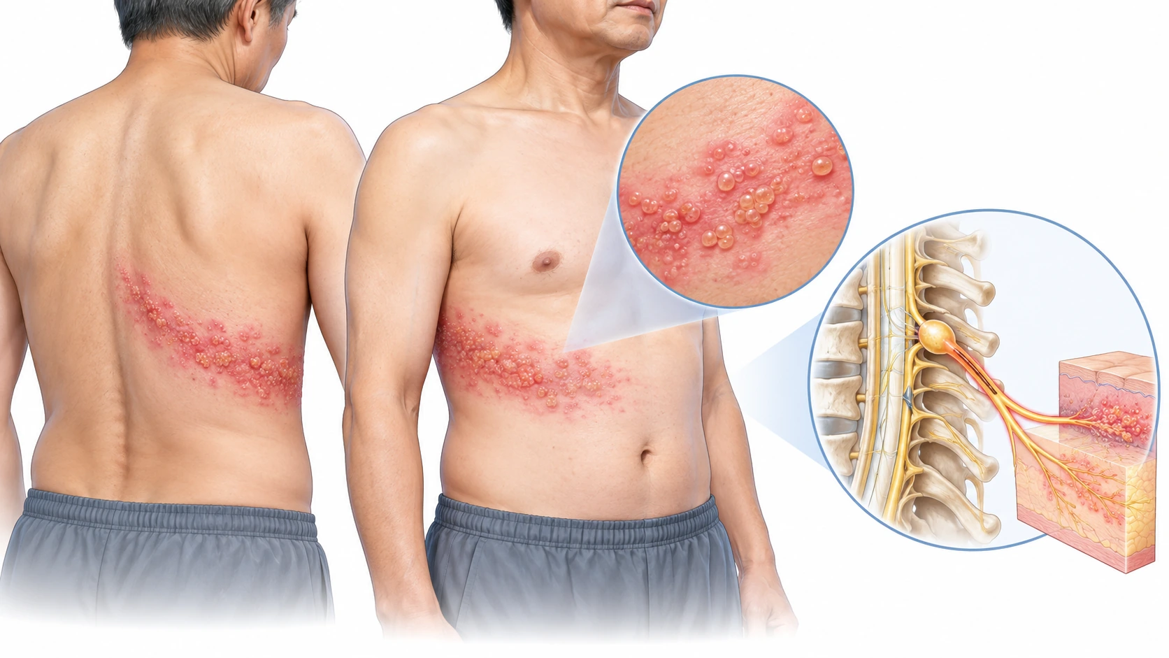 대상포진의 편측 피부절 분포 — 몸 한쪽의 띠 모양 발진 · 정중선을 넘지 않는 분포
