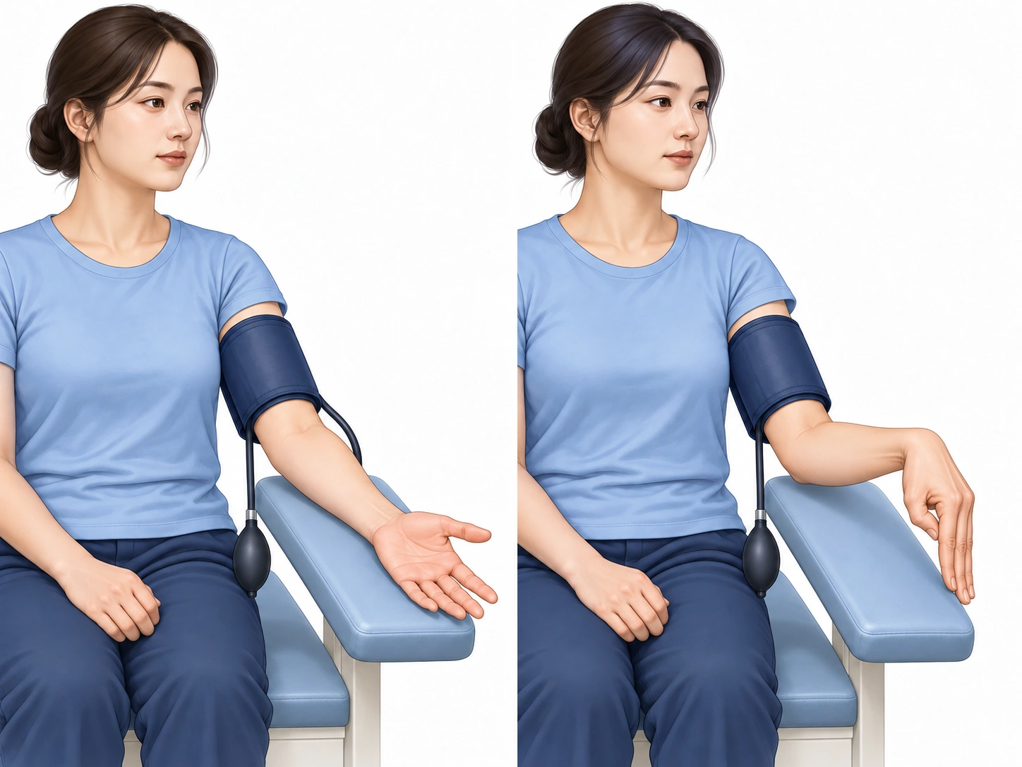커프 압박과 트루소 징후 — 왼쪽: 커프 압박 전 · 오른쪽: 손목 굴곡과 손가락 경련성 자세