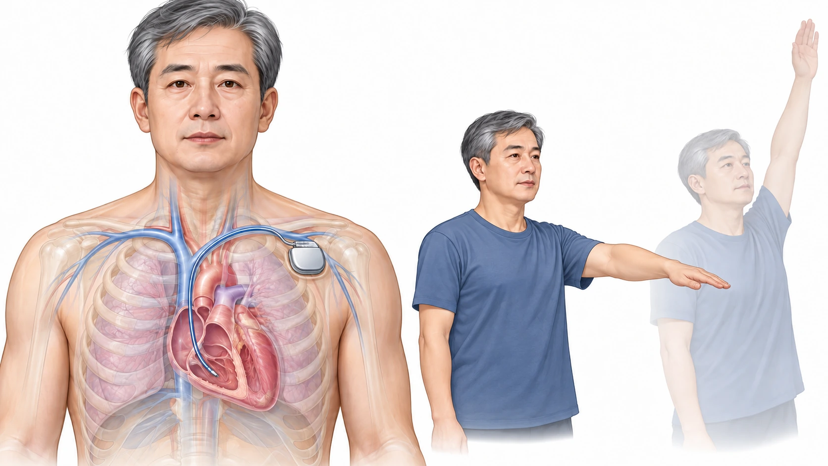 인공심박동기와 팔 움직임 — 왼쪽: 쇄골 아래 본체와 정맥을 통한 리드 · 오른쪽: 시술한 쪽 팔 · 흐린 팔: 초기 회복기에 피할 과도한 올림
