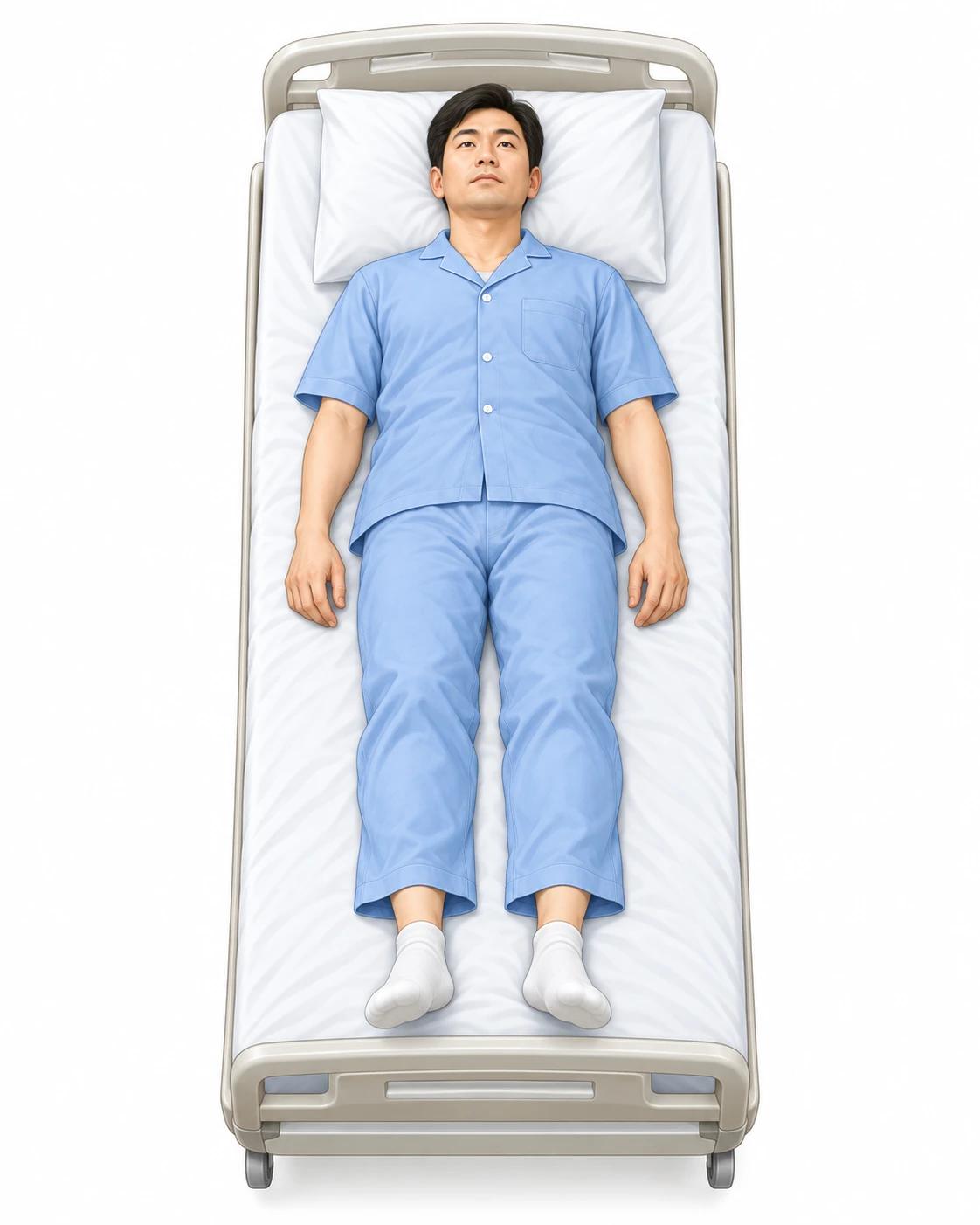 환자복을 입고 누운 환자. 단계에 따라 양쪽 다리, 다리 위쪽, 몸통과 팔, 호흡근 부위를 표시한다.
