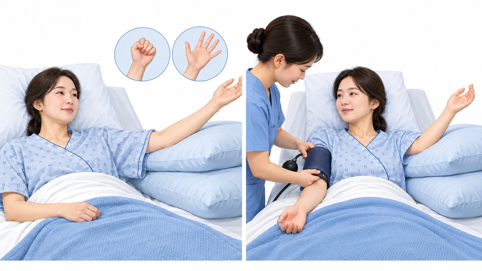 유방 수술 후 팔 보호 — 왼쪽: 베개로 수술한 쪽 팔 지지 · 오른쪽: 반대쪽 팔의 혈압 측정