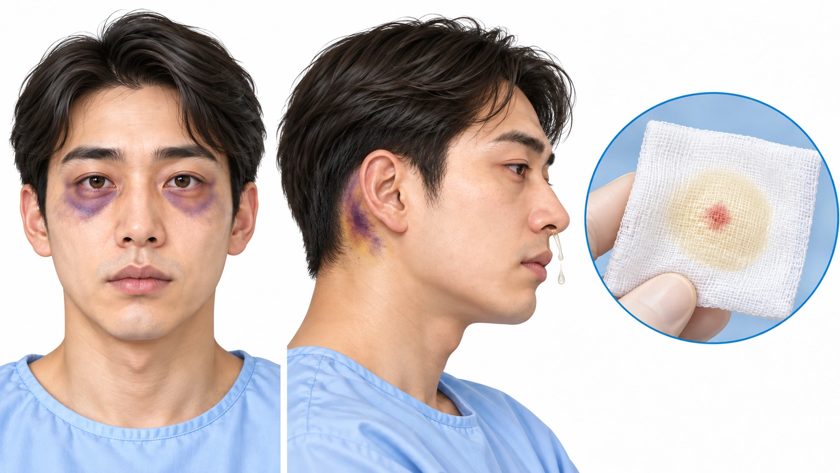 두개저골절의 외부 단서 — 왼쪽: 너구리눈 · 가운데: 귀 뒤 배틀징후 · 오른쪽: 거즈의 이중 고리