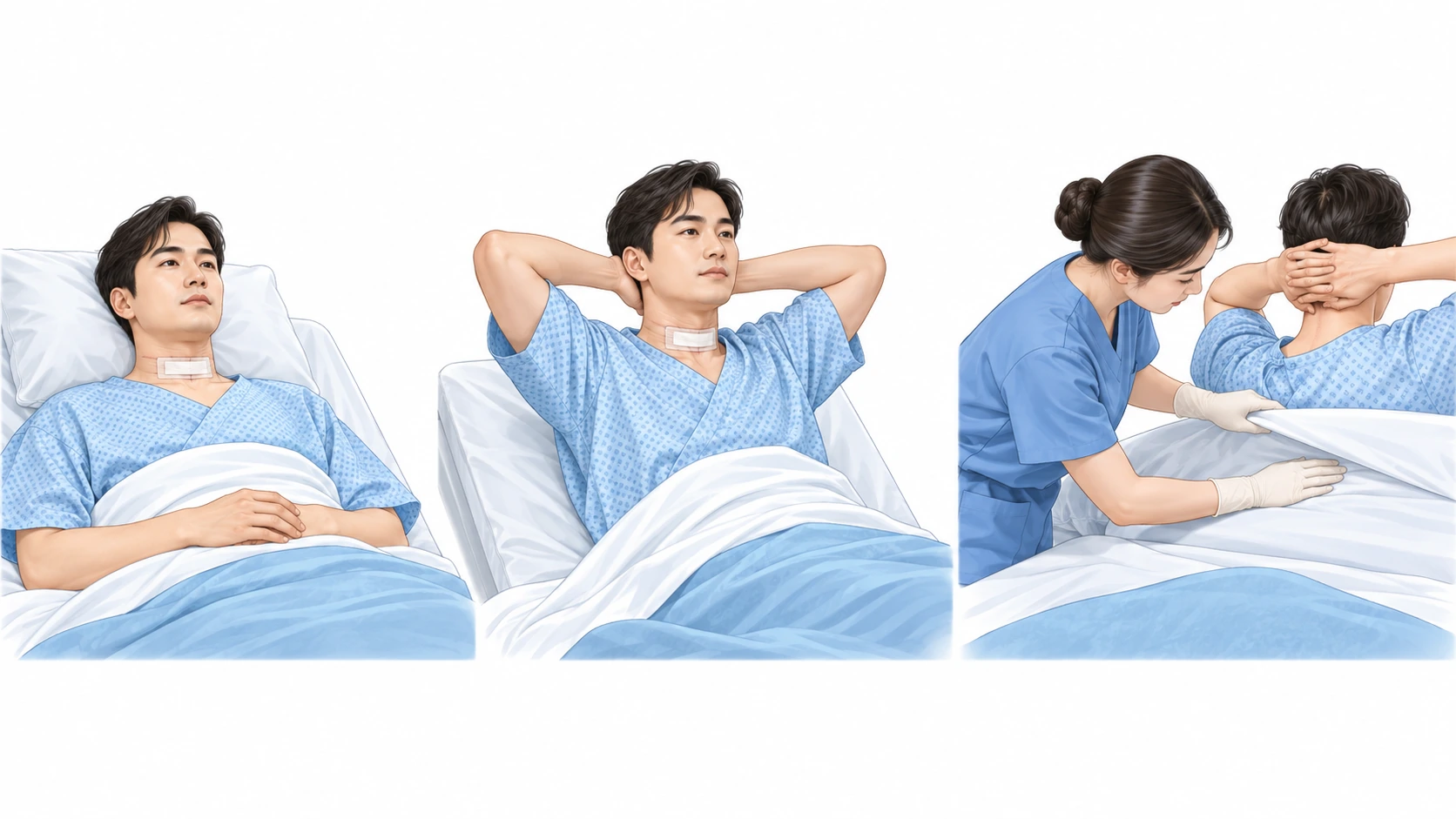 갑상샘 수술 후 목 지지 — 왼쪽: 반좌위 · 가운데: 양손으로 뒷목 지지 · 오른쪽: 목 뒤 침상까지 출혈 확인