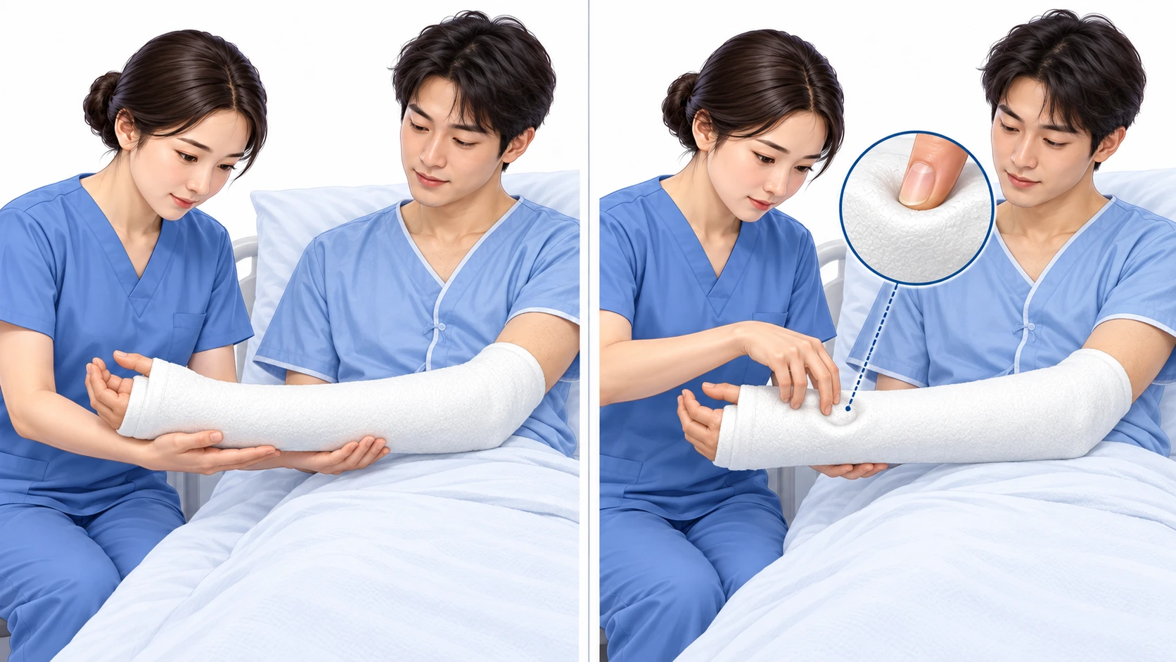 굳기 전 석고 받치기 — 왼쪽: 손바닥으로 넓게 받치기 · 오른쪽: 잘못된 예 — 손가락 끝으로 누르지 않기