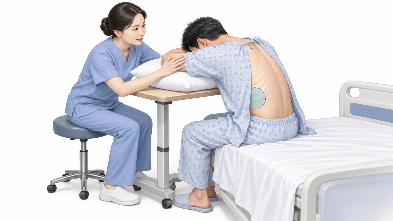 흉막천자 자세 — 앉은 자세, 침상 테이블 지지, 앞으로 기댐, 천자 부위(등 아래쪽), 움직임·기침 참기