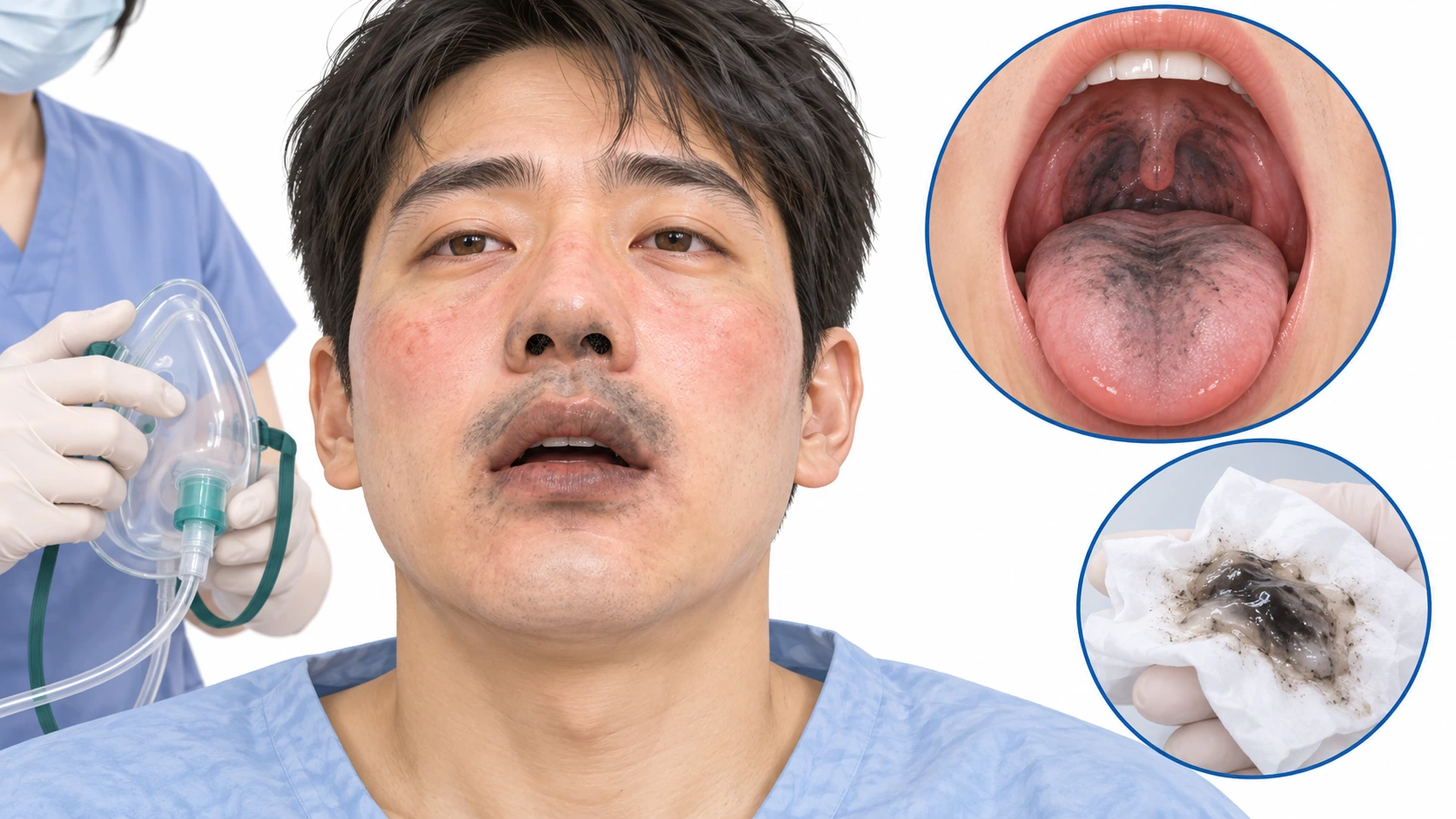 흡입화상의 관찰 단서 — 얼굴 화상, 콧털 그을림, 입안 그을음, 검은 가래, 기도 확인, 산소
