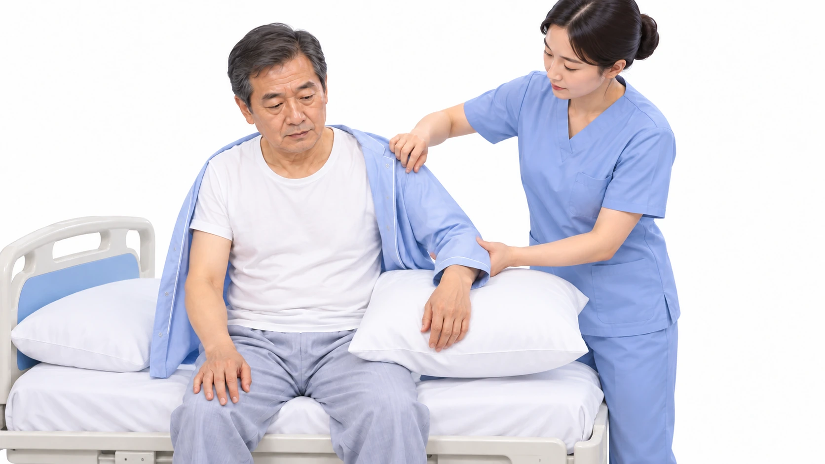 편마비 환자의 옷 입고 벗기 — 벗기: 건측 팔 먼저