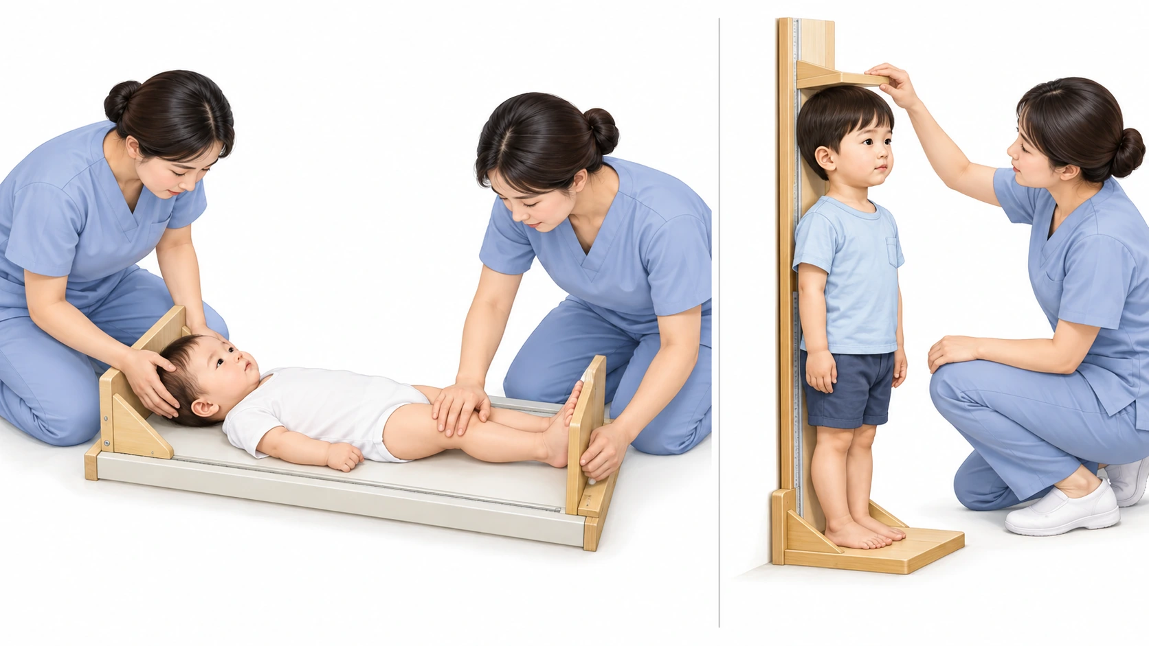 누운 키와 선 키 측정 — 누운 키(24개월 미만), 고정 머리판, 움직이는 발판, 두 사람, 선 키(24개월 이후), 발뒤꿈치·엉덩이·어깨 밀착, 맨발, 시선 수평