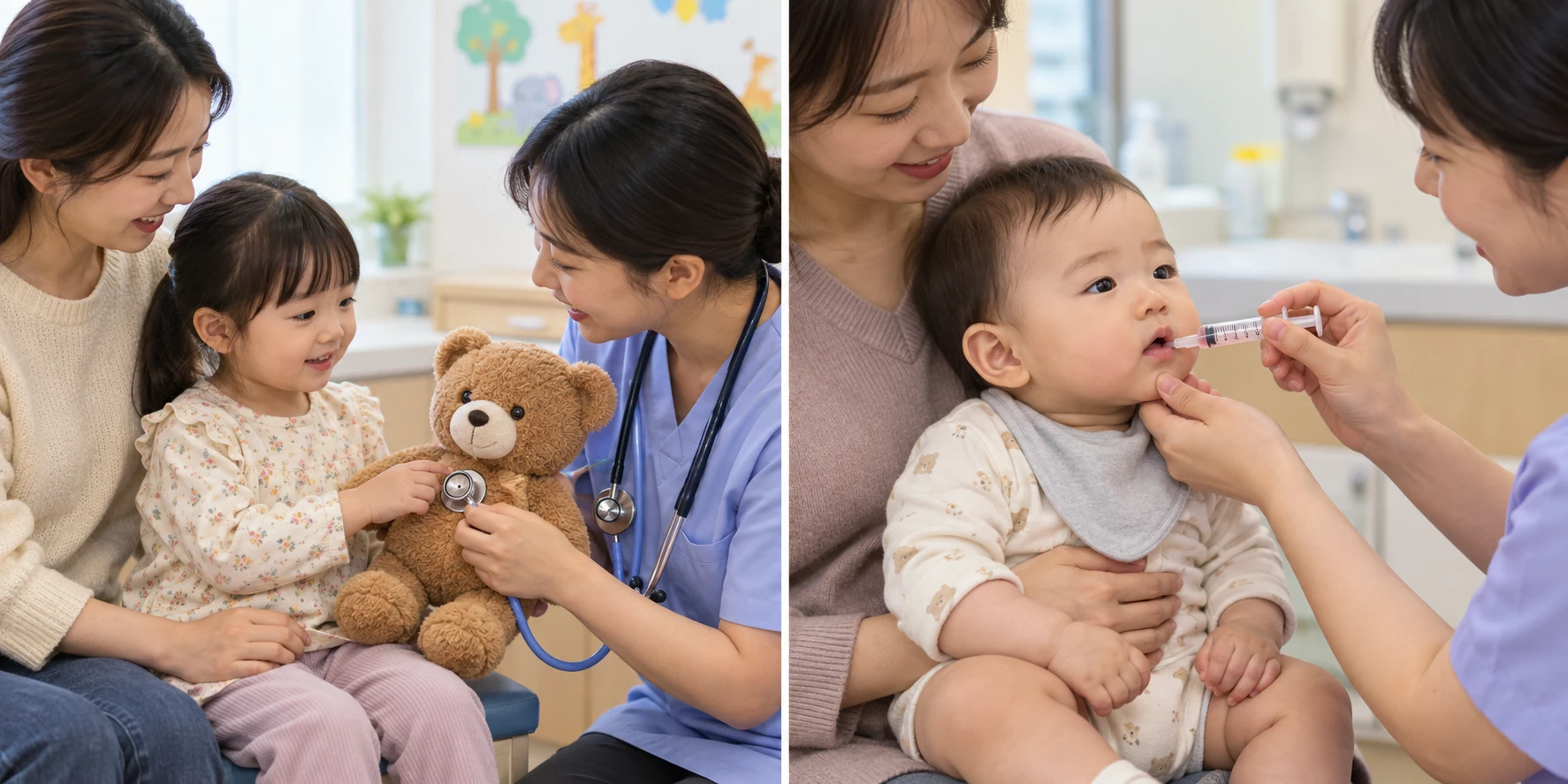 보호자 곁의 학령전기 아동이 간호사와 곰 인형의 청진을 해 본다.