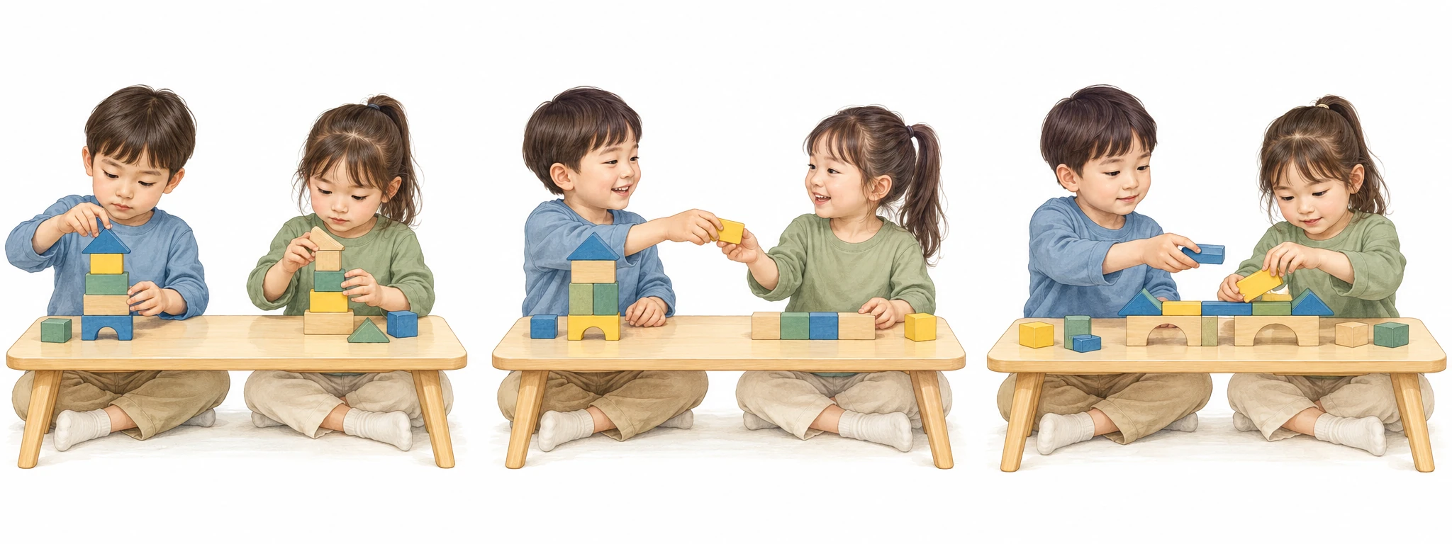 평행놀이: 나란히 앉아 각자의 탑을 만든다.