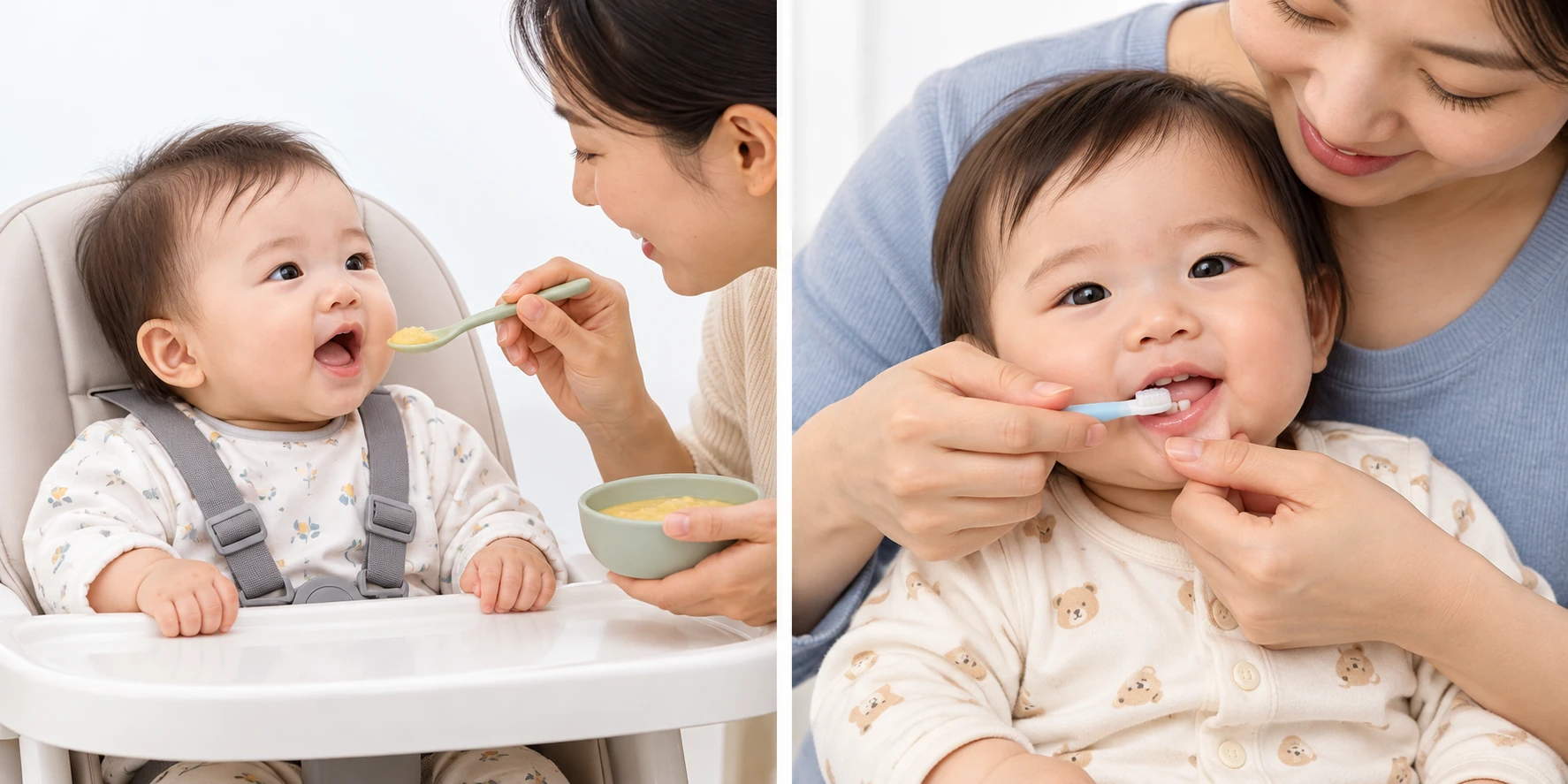 안전띠를 한 영아가 머리와 몸을 세우고 보호자가 주는 작은 숟가락을 바라본다.