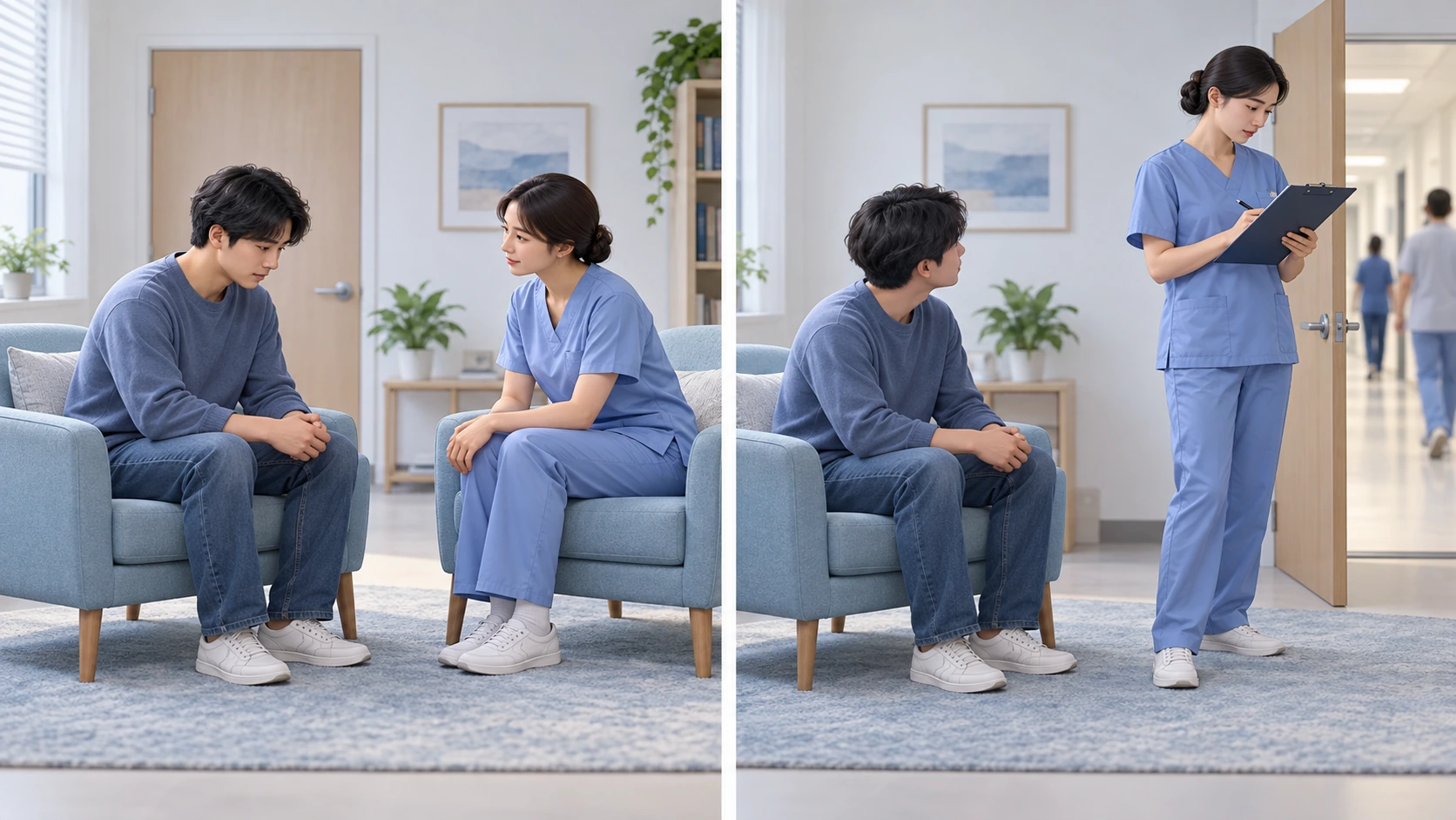경청을 전달하는 자세 — 왼쪽: 눈높이를 맞춘 경청 · 오른쪽: 피할 예 — 서서 기록만 하며 대화하기