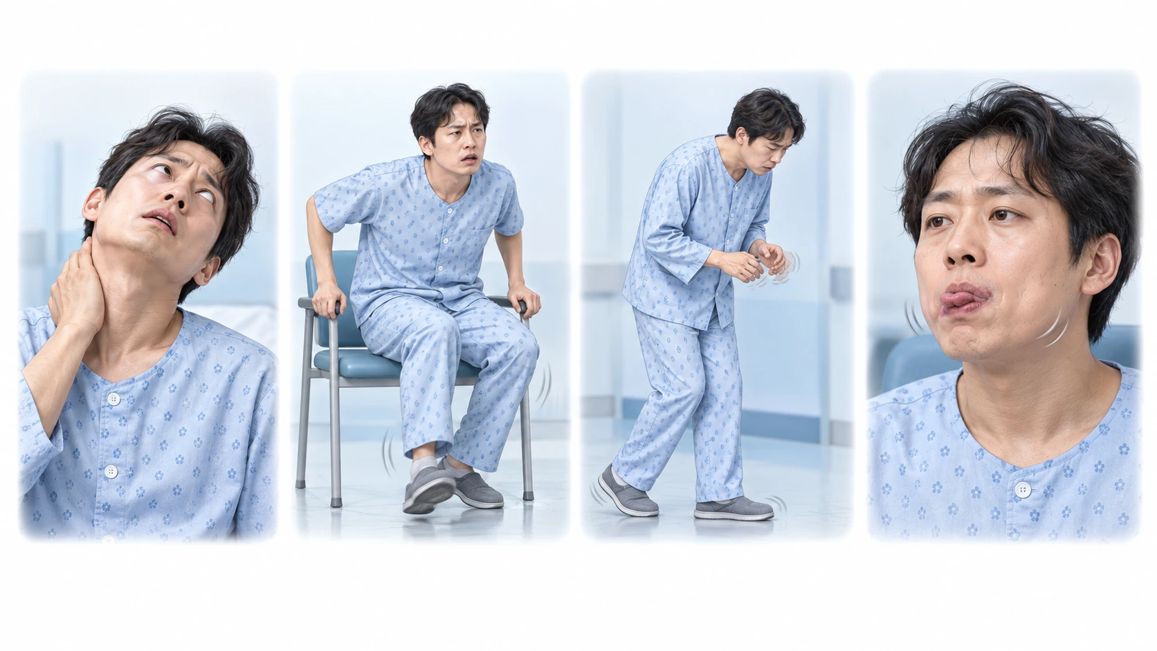 추체외로증상의 네 모습 — 왼쪽부터 급성 근긴장이상 · 정좌불능증 · 약물 유발 파킨슨증 · 지연성 운동장애