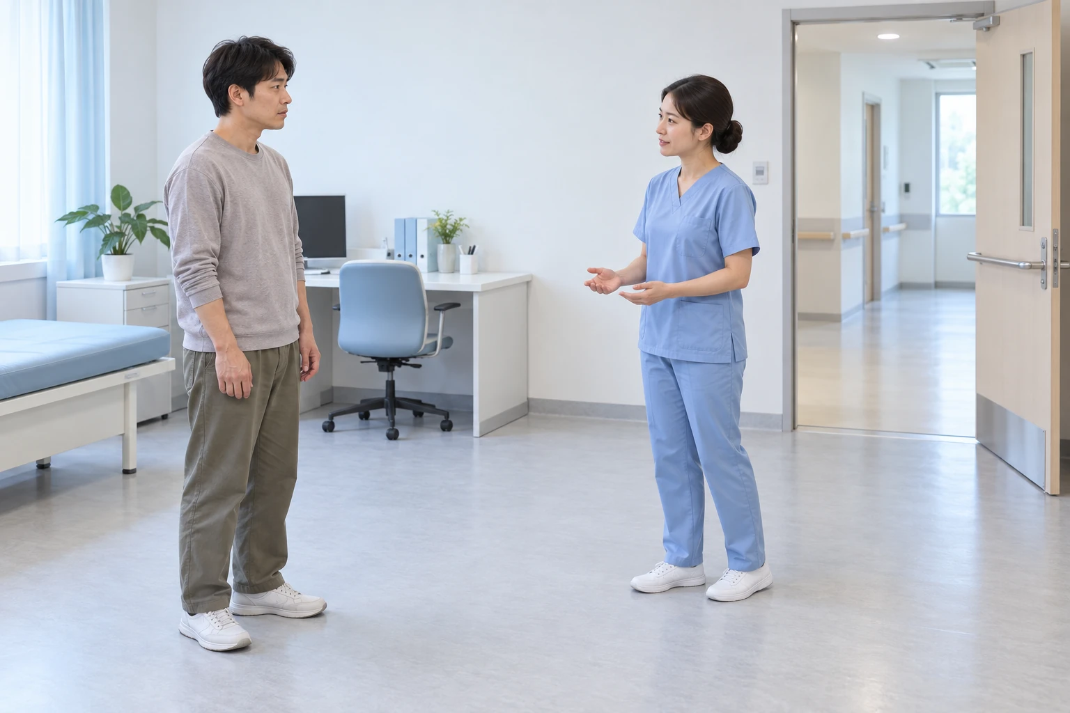 간호사와 대상자가 서로 떨어져 비접촉으로 대화하며, 옆에는 이동할 수 있는 바닥 공간과 열린 문이 있다.