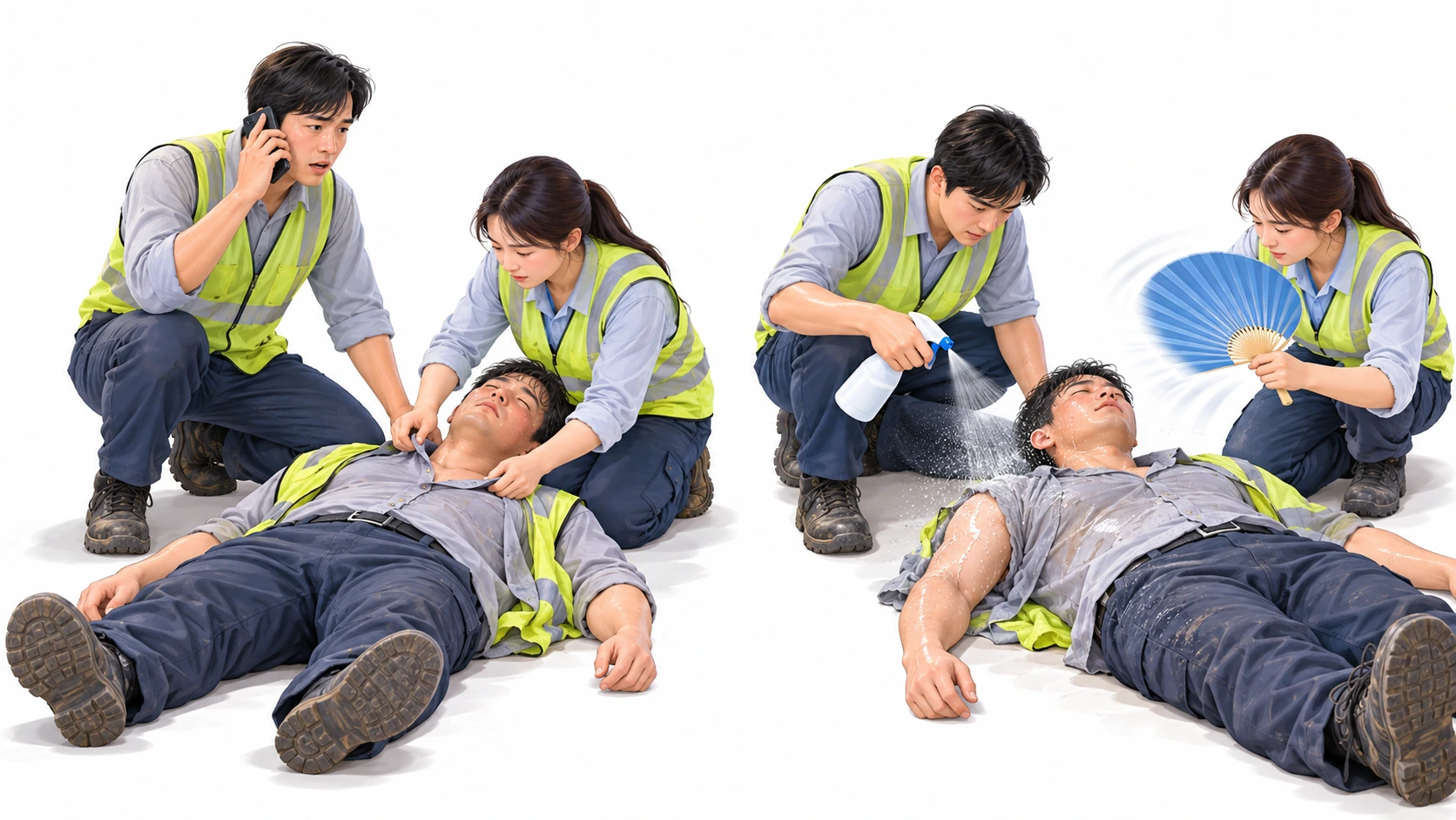 온열질환 대상자 냉각 — 그늘로 이동, 옷 느슨하게, 119 신고, 물 뿌리기, 부채질