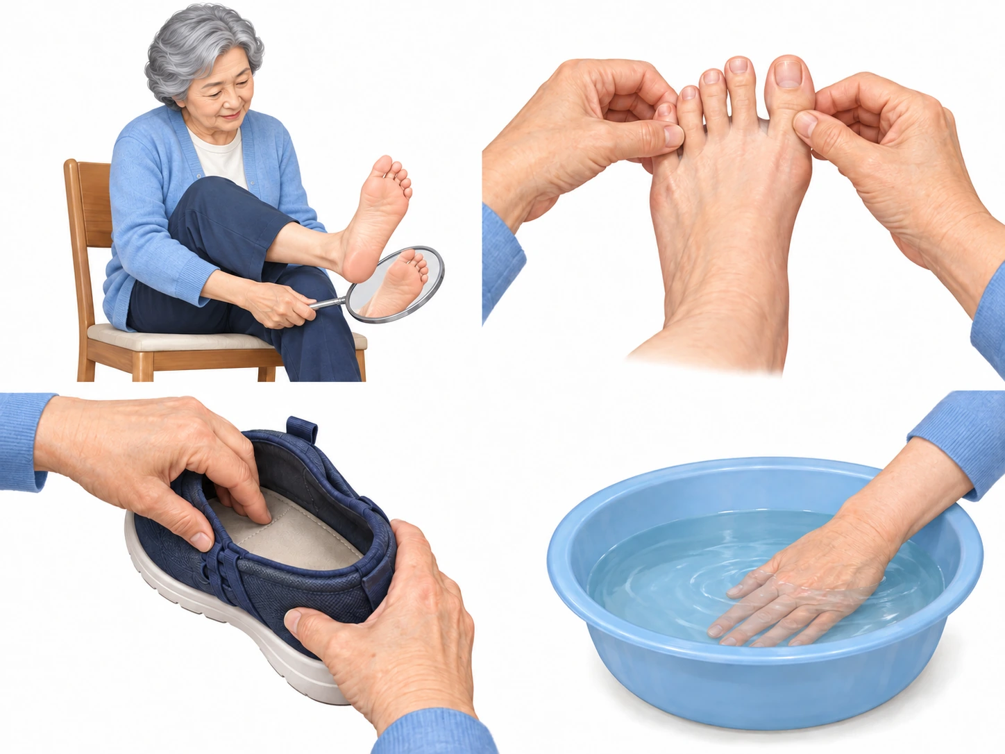 당뇨병 발 관리 — 발바닥 확인, 발가락 사이, 신발 안 이물질, 물 온도 먼저 확인