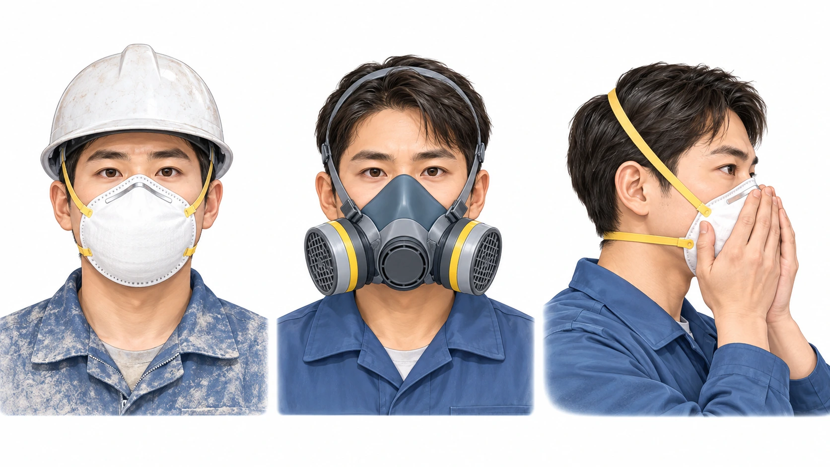 호흡보호구와 밀착 확인 — 방진마스크(분진), 방독마스크(유기용제 증기·가스), 정화통, 밀착 확인