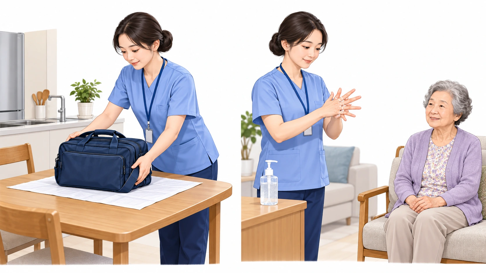 방문간호 가방과 손위생 — 방문가방, 깨끗한 깔개, 손위생, 대상자