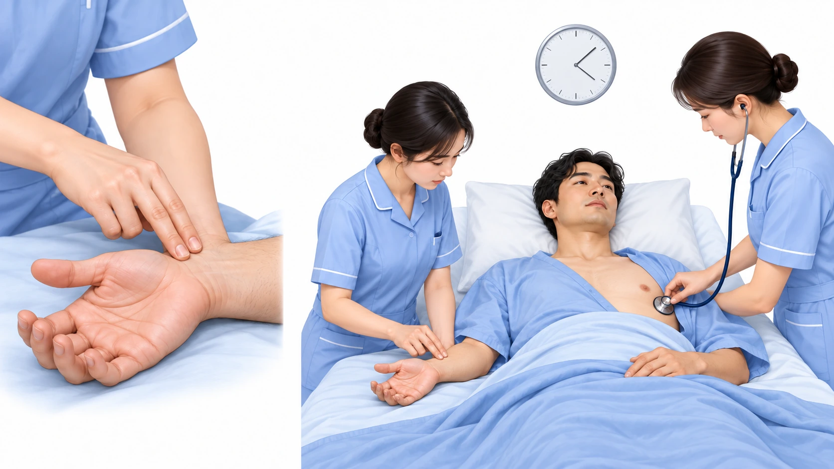 요골맥박과 심첨맥박 — 요골동맥, 검지·중지, 심첨부, 요골맥박, 동시에 1분